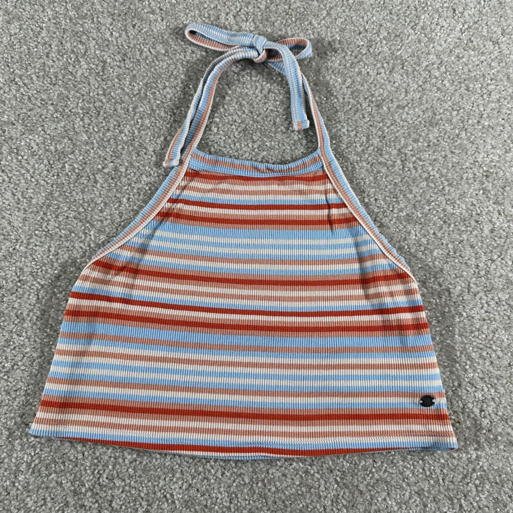 Roxy Striped Halter Crop Top Blue Orange White Ribbed Knit Size Small Beachy